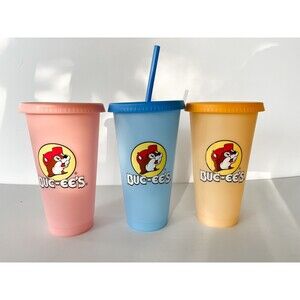3 Buc-ee's Bucee's Tumbler 25oz Color Changing Cup Lid Straw Pink Blue Yellow